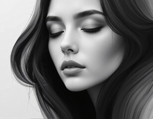Naklejka premium Portrait of woman with long wavy hair in black and white