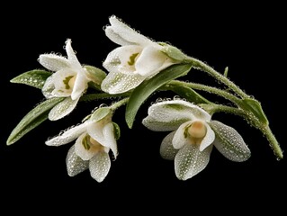 Close-up of snowdrop flowers with water droplets, isolated on black background, studio shot, for botanical illustrations or nature photography