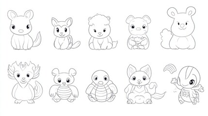Obraz premium Cute cartoon animals, sitting poses, line art, children's book illustration, coloring page, education, drawing, coloring, activity