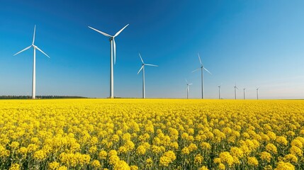 Wind farm and beautiful rapeseed flower in bloom with clear blue sky, wind turbines in blooming rapeseed field