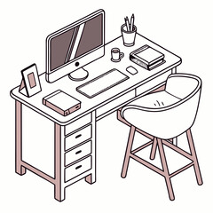 Isometric Workspace Illustration Featuring Computer Desk And Office Supplies
