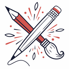 Crossed Pencil And Brush Artwork Doodle Vector Art Illustration Template