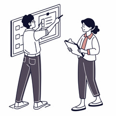 Business Meeting Vector Illustration With Woman And Man Discussing Task Board