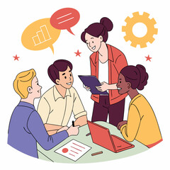 Diverse Team Collaborating On Project With Laptop And Graph Charts Together