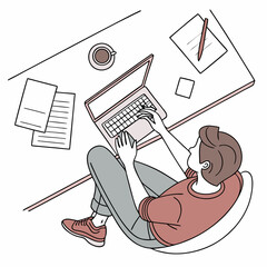 Line Art Of Person Working On Laptop At Desk With Coffee