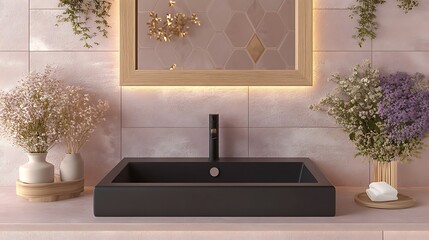 Top-down view of a matte black sink with hexagonal cutouts and an integrated motion-sensor smart tap, surrounded by soft glowing tiles and futuristic interior accents.
