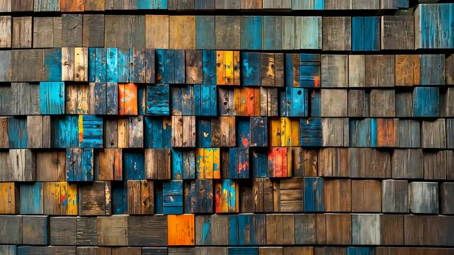 Colorful wooden wall composed of abstract mosaic squares in rustic geometric pattern
