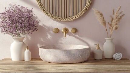 Top-down view of an asymmetrical stone basin with earthy color striations, sitting on a reclaimed wood shelf, with brushed brass fixtures and sunlight peeking through nearby slats.
