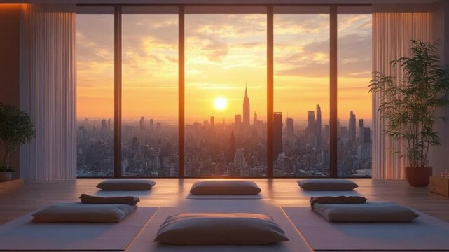 An ethereal scene unfolds as dawn bathes a modern studio with natural light, offering a breathtaking view of an urban skyline. Perfect for meditation and yoga. 