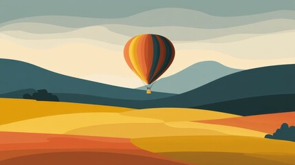 Fototapeta premium Colorful hot air balloon soars above a scenic autumnal landscape.