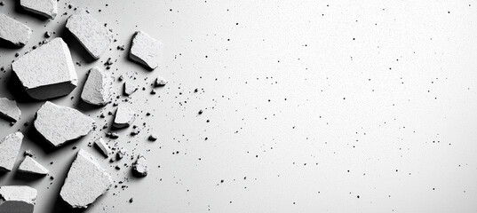 Cracked concrete wall texture with scattered debris, showcasing monochrome aesthetic that evokes sense of rawness and industrial charm. light gray tones enhance visual impact
