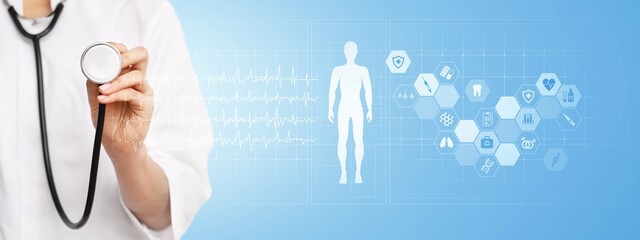 Medical Technologies and Health Monitoring Illustrated on a Virtual Screen.