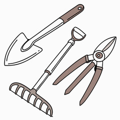 Garden Tool Set With Shovel Rake And Pruning Shears Illustration
