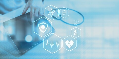 Healthcare, Health Monitoring, Medical Technology, EMR and EHR Illustrated on a Virtual Screen.