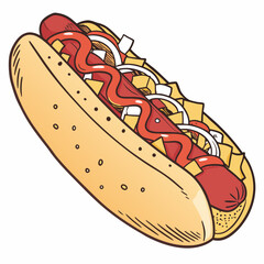 Delicious Hotdog Illustration With Toppings And Mustard Sauce Vector For Menu Design