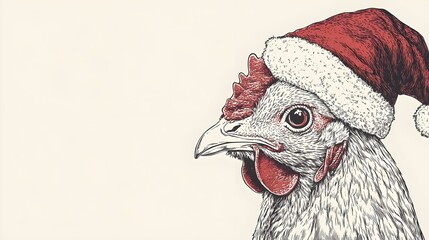 Line Drawing of an Old Hen Wearing a Santa Hat in Black and White