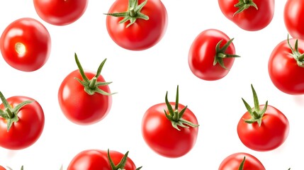 Fresh Tomatoes Falling on a Transparent Background in Bright Light