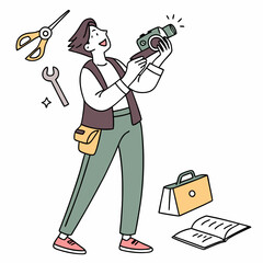 Happy Handyman Holding Camera With Tool Bag And Accessories Cartoon Illustration