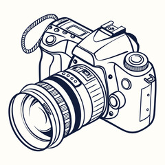 Detailed Line Art Of Professional Digital Camera With Large Lens For Photography