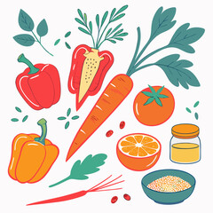 Flat Lay Fresh Vegetables And Food Ingredients Isolated On White Background