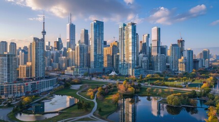 Modern city skyline with parkland