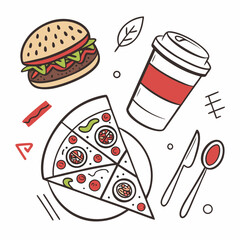 Whimsical Fast Food Doodle Featuring Pizza Burger And Drink Illustration