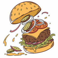 Delicious Cartoon Burger With Flying Ingredients And Sauce On A White Background