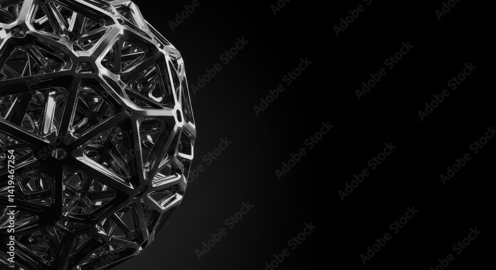 Poster abstract metallic sphere geometric design: intricate black chrome lattice structure on dark backgrou