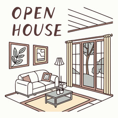 Elegant Living Room Illustration With Open House Text For Real Estate Marketing