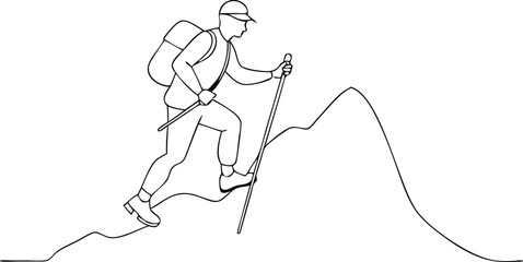 Continuous line art Hiker with Backpack Climbing Mountain Using Trekking Poles