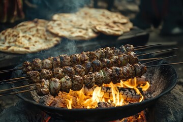Kebabs roasting over an open campfire
