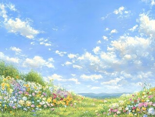 Obraz premium Vibrant wildflowers bloom under a bright blue sky with fluffy clouds. Serene landscape painting.