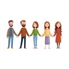 Obraz premium A colorful illustration of five cartoon characters holding hands, symbolizing unity and friendship, with diverse hairstyles and outfits.