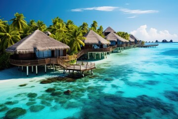 Fototapeta premium Beautiful tropical island with water bungalows and beach. Tropical island with few palm trees and blue lagoon. Travel concept. Vacation concept with copy space. Aerial view.