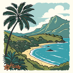 Tropical Coastline Vector Illustration With Palm Tree And Mountain Landscape