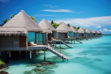Fototapeta premium Beautiful tropical island with water bungalows and beach. Tropical island with few palm trees and blue lagoon. Travel concept. Vacation concept with copy space. Aerial view.