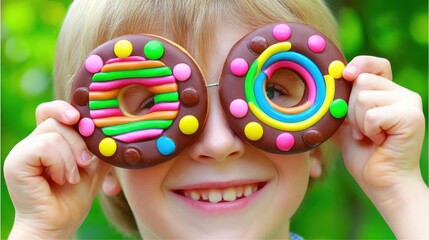 A cheerful child plays with colorful donut-shaped glasses, showcasing a playful and fun atmosphere in a vibrant outdoor setting.