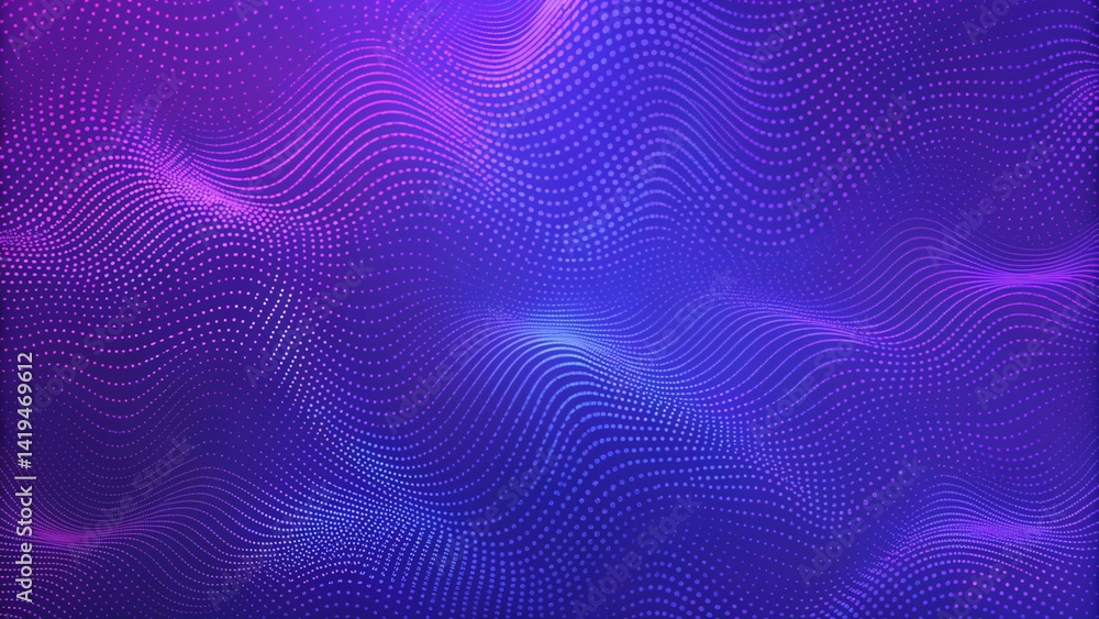 Poster Bright wavy background. Glowing dots and lines. Neon light. Wave element for design. Smooth particle waves. Dynamic techno wallpaper. Violet and blue colors. Futuristic abstract digital landscape