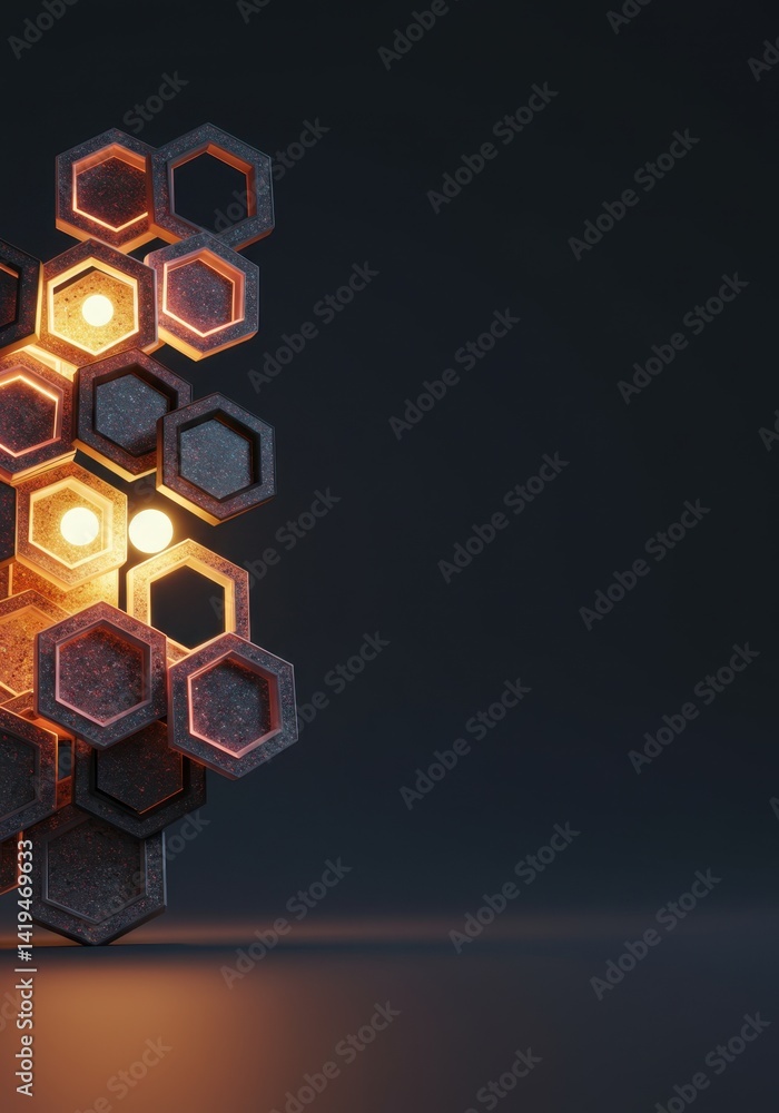 Poster abstract hexagon structure glowing with inner lights dark background 3d render