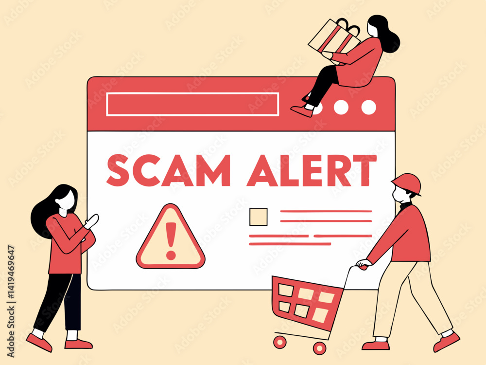 Poster flat vector of a suspicious online store interface with scam alert message representing fake shoppin
