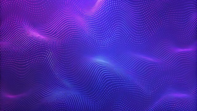 Bright wavy background. Glowing dots and lines. Neon light. Wave element for design. Smooth particle waves. Dynamic techno wallpaper. Violet and blue colors. Futuristic abstract digital landscape