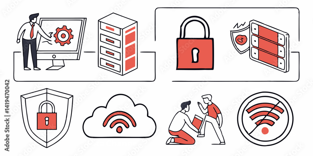Poster digital data security and network flat vector icons cloud server padlock shield wifi people it & tec