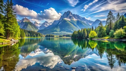 Fototapeta premium Macro Mountain Lake Serenity: Stunning Nature Photography, Peaceful Scenery, Copy Space Image
