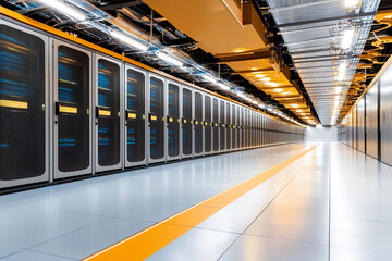 Obraz premium modern data center featuring rows of server racks, illuminated by overhead lights, showcasing clean and organized environment