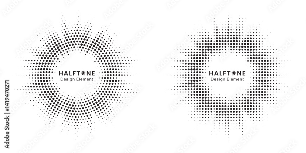 Aufkleber Halftone circle frame background set. Round border Icon using halftone random circle. Grunge circular stain. Vector illustration.