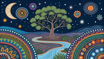 Vibrant Aboriginal Dot Painting Cosmic Tree of Life V2