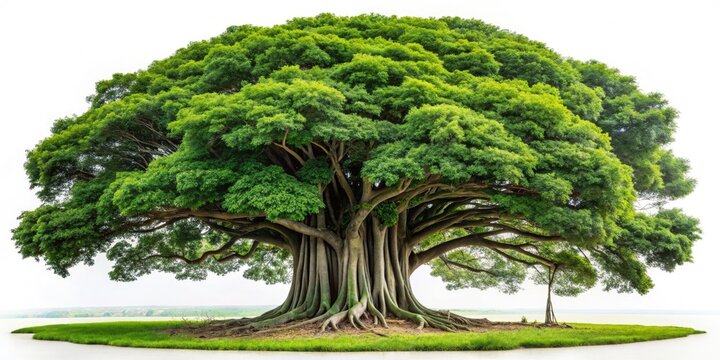 Minimalist Tropical Rainforest Giant Fig Tree Photography: Lush Green Canopy, Ancient Roots, Sunlight Dappled
