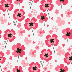 A sweet, seamless pattern with pink flowers and scattered hearts on a light background is perfect for adding a cute, romantic, or charming touch to your design projects.