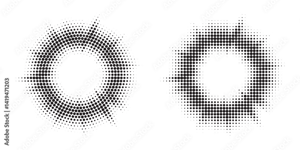 Aufkleber Halftone circle frame background set. Round border Icon using halftone random circle. Grunge circular stain. Vector illustration.