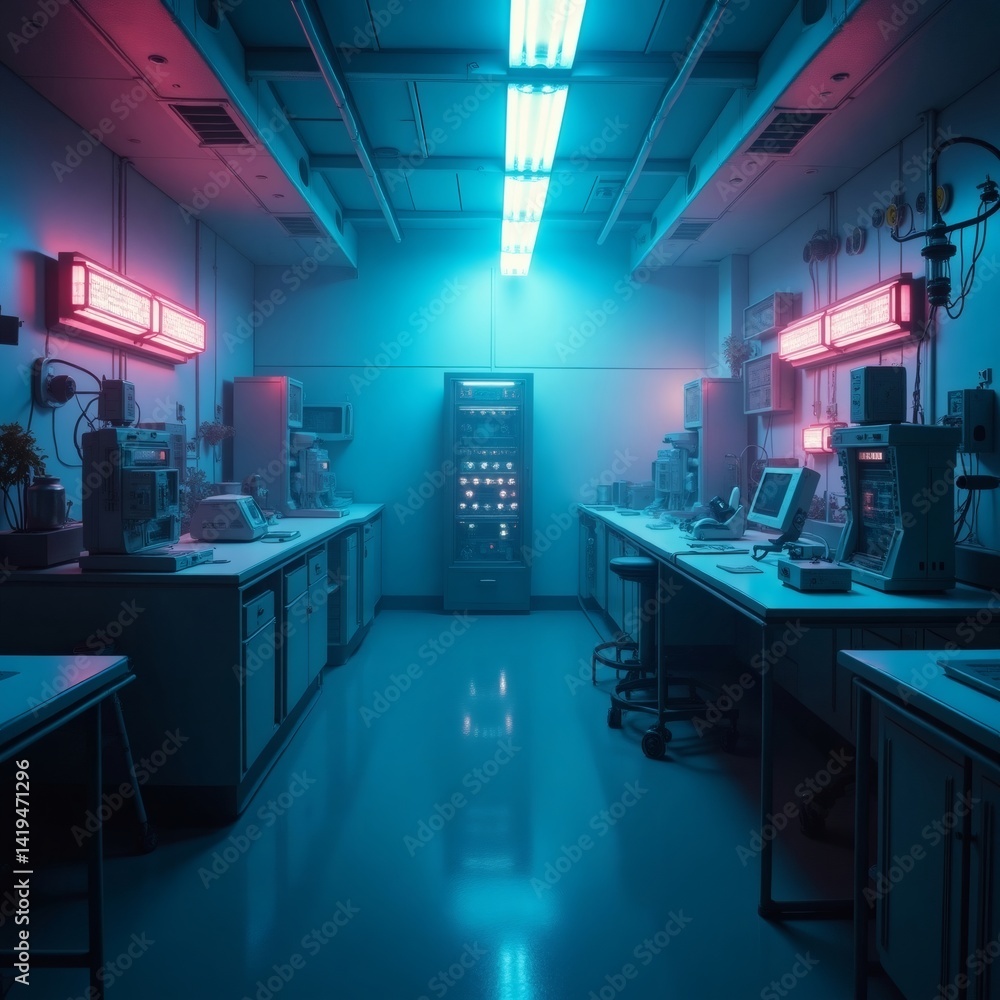 Aufkleber an atmospheric laboratory setting, bathed in blue and red neon lights. Equipment and workbenches create an organized and science-oriented workspace